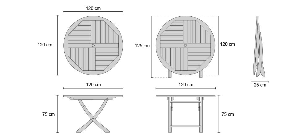 Suffolk Teak Round Folding Table 120cm - Dimensions